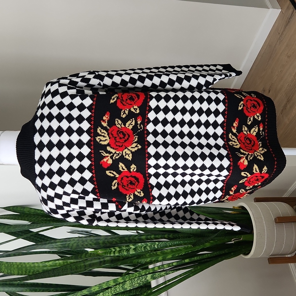 Trimmings Floral Checkered Knitted Pattern Sweater sz L - Picture 3 of 11